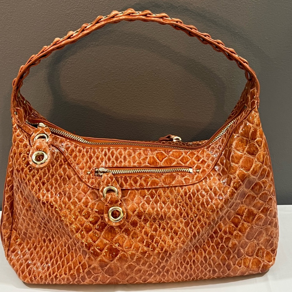 Jessica Simpson Signature Lux Look Orange Cognac Croc Embossed Handbag Purse Bag